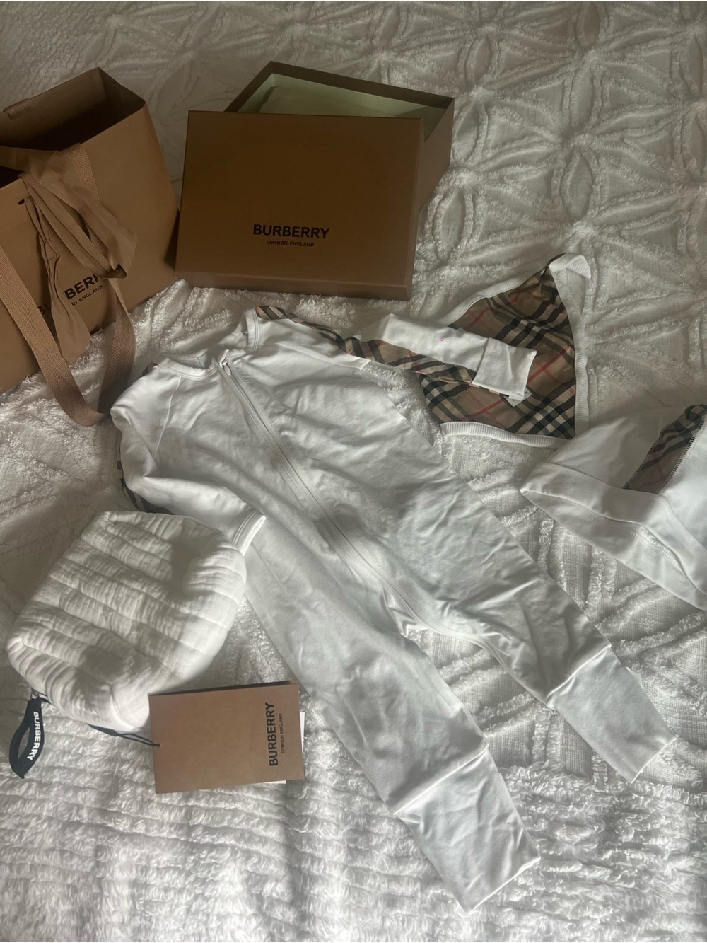 Burberry White Infant Zip Romper with Signature Check Hood Lining